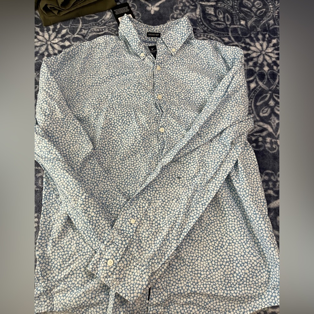 Blue and white cloud button up